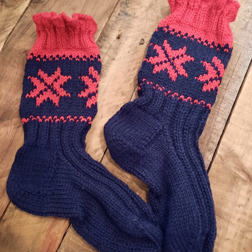 New handknit sock slippers blue red Snowflakes